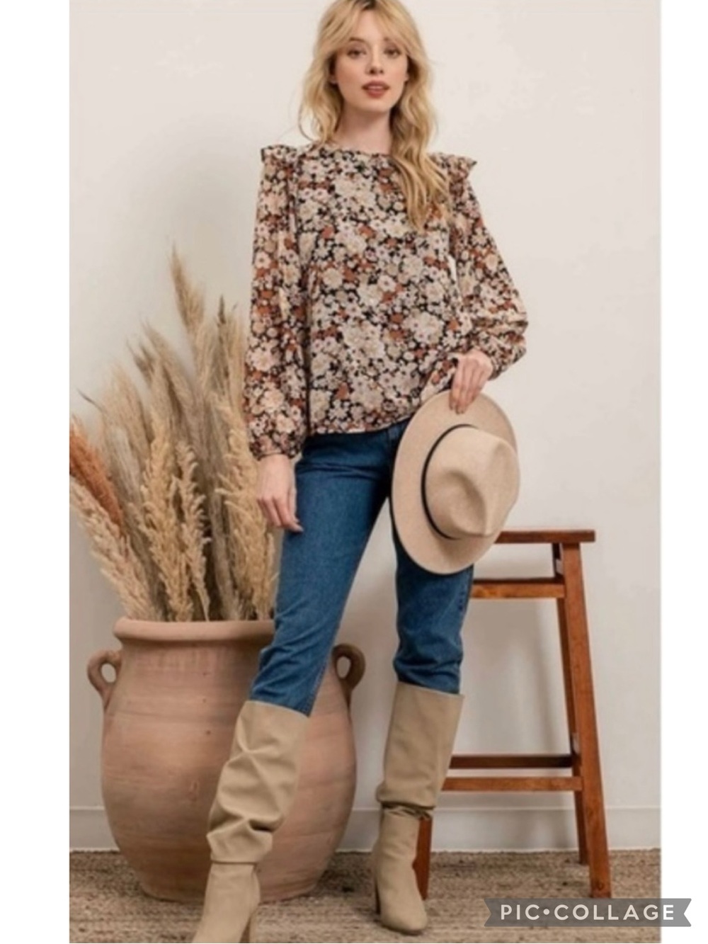 E & M Tan Floral Ruffle Shimmer Metallic Long Sleeve Top s Cottagecore